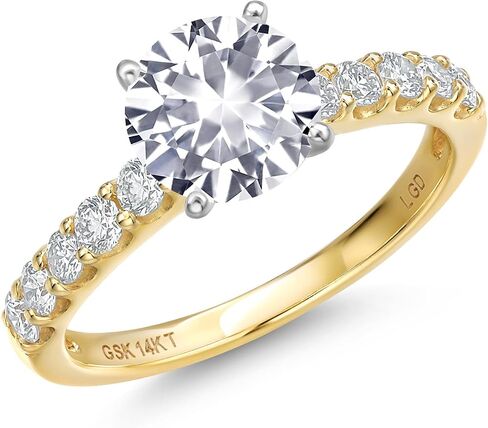 Gem Stone King 14K Two Tone Gold Gemstone Birthstone and White Lab Grown Diamond Engagement Ring For Women | Round 6MM and 2MM | Wedding Anniversary Promise Ring | Available in Size 5,6,7,8,9 in Saudi Arabia