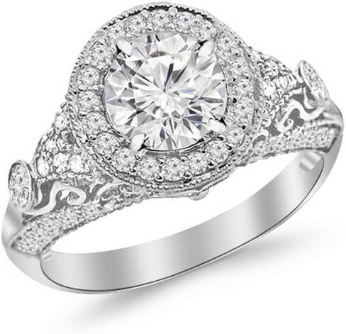 خاتم خطوبة من الذهب الأبيض عيار 14 قيراط 1.5 قيراط من LAB GROWN IGI CERTIFIED DIAMOND قطع دائري من الألماس نمط هالة عتيق من الذهب الأبيض عيار 14 قيراط (I-J اللون SI1-SI2 الوضوح 0.75 قيراط المركز) in Kuwait
