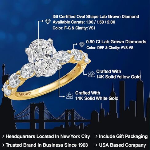 Gem Stone King 2 to 5.9 Cttw Oval Lab Grown Diamond Engagement Ring For Women | 2-Tone 14K White and Yellow Gold | IGI Certified | E-F Color | VS1-VS2 Clarity | Wedding Anniversary Ring in Saudi Arabia