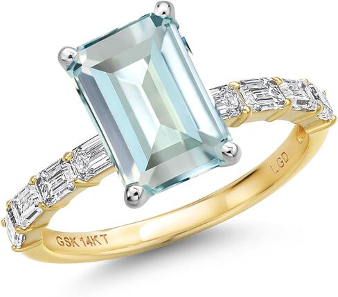 Gem Stone King 14K Two Tone Gold Gemstone Birthstone and Lab Grown Diamond Engagement Ring For Women | Emerald Cut 10X8MM and 3X2MM | Wedding Anniversary Ring | Available in Size 5,6,7,8,9 in Saudi Arabia