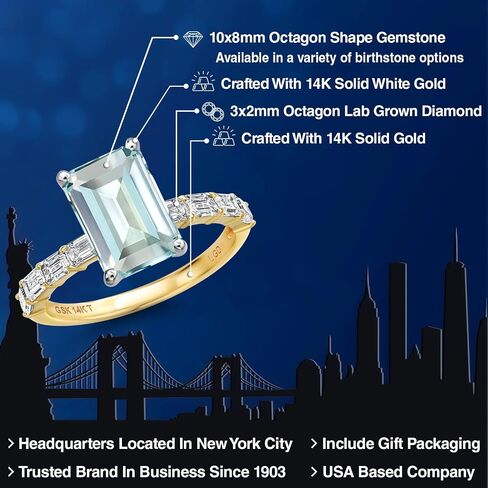 Gem Stone King 14K Two Tone Gold Gemstone Birthstone and Lab Grown Diamond Engagement Ring For Women | Emerald Cut 10X8MM and 3X2MM | Wedding Anniversary Ring | Available in Size 5,6,7,8,9 in Saudi Arabia