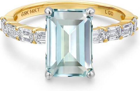 Gem Stone King 14K Two Tone Gold Gemstone Birthstone and Lab Grown Diamond Engagement Ring For Women | Emerald Cut 10X8MM and 3X2MM | Wedding Anniversary Ring | Available in Size 5,6,7,8,9 in Saudi Arabia