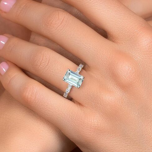 Gem Stone King 14K Two Tone Gold Gemstone Birthstone and Lab Grown Diamond Engagement Ring For Women | Emerald Cut 10X8MM and 3X2MM | Wedding Anniversary Ring | Available in Size 5,6,7,8,9 in Saudi Arabia