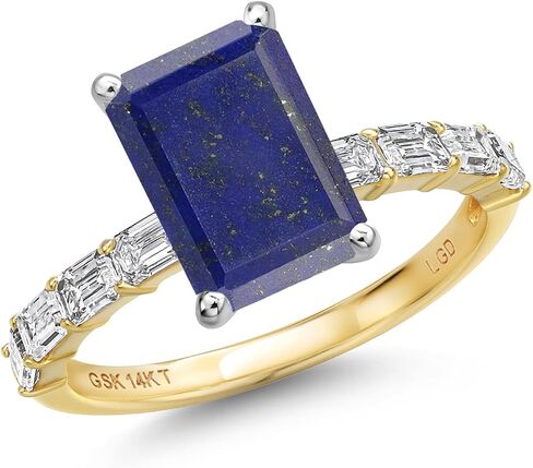 Gem Stone King 14K Two Tone Gold Gemstone Birthstone and Lab Grown Diamond Engagement Ring For Women | Emerald Cut 10X8MM and 3X2MM | Wedding Anniversary Ring | Available in Size 5,6,7,8,9 in Saudi Arabia