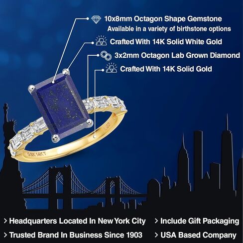 Gem Stone King 14K Two Tone Gold Gemstone Birthstone and Lab Grown Diamond Engagement Ring For Women | Emerald Cut 10X8MM and 3X2MM | Wedding Anniversary Ring | Available in Size 5,6,7,8,9 in Saudi Arabia