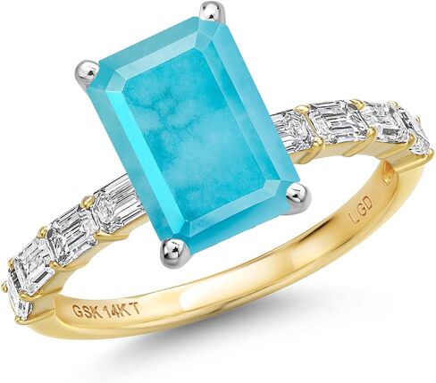 Gem Stone King 14K Two Tone Gold Gemstone Birthstone and Lab Grown Diamond Engagement Ring For Women | Emerald Cut 10X8MM and 3X2MM | Wedding Anniversary Ring | Available in Size 5,6,7,8,9 in Saudi Arabia