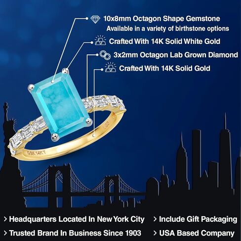 Gem Stone King 14K Two Tone Gold Gemstone Birthstone and Lab Grown Diamond Engagement Ring For Women | Emerald Cut 10X8MM and 3X2MM | Wedding Anniversary Ring | Available in Size 5,6,7,8,9 in Saudi Arabia