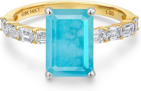 Gem Stone King 14K Two Tone Gold Gemstone Birthstone and Lab Grown Diamond Engagement Ring For Women | Emerald Cut 10X8MM and 3X2MM | Wedding Anniversary Ring | Available in Size 5,6,7,8,9 in Saudi Arabia
