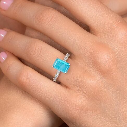 Gem Stone King 14K Two Tone Gold Gemstone Birthstone and Lab Grown Diamond Engagement Ring For Women | Emerald Cut 10X8MM and 3X2MM | Wedding Anniversary Ring | Available in Size 5,6,7,8,9 in Saudi Arabia