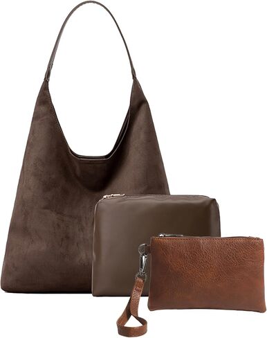 3 Pcs Suede Bags for Women Brown Hobo Bags For Women Brown Suede Handbag Suede Purse Set in Saudi Arabia