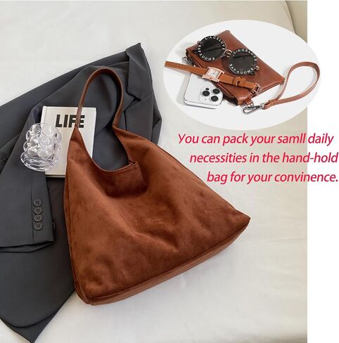 3 Pcs Suede Bags for Women Brown Hobo Bags For Women Brown Suede Handbag Suede Purse Set in Saudi Arabia