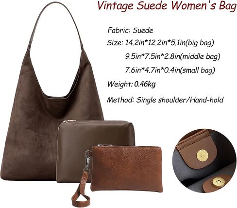 3 Pcs Suede Bags for Women Brown Hobo Bags For Women Brown Suede Handbag Suede Purse Set in Saudi Arabia