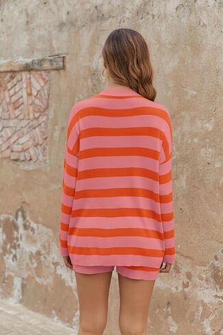Womens Striped Pajama Sets 2 Piece Lounge Sets Long Sleeve Top and Shorts Loungewear Knit Sweater Sleepwear Pjs in Saudi Arabia