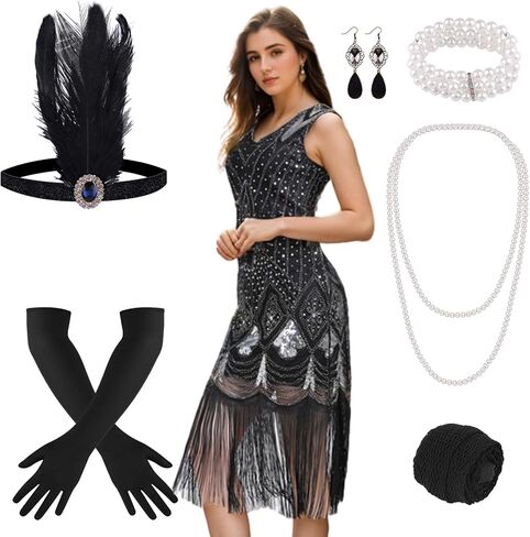 فساتين PLULON 1920s للنساء، فساتين كوكتيل Gatsby Flapper مهدبة بالترتر مع مجموعة إكسسوارات 20s، أزياء طافرة 20s in Saudi Arabia