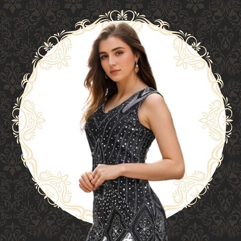 فساتين PLULON 1920s للنساء، فساتين كوكتيل Gatsby Flapper مهدبة بالترتر مع مجموعة إكسسوارات 20s، أزياء طافرة 20s in Saudi Arabia