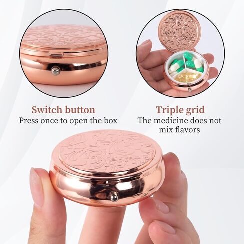 Metal Three Grid Pill Box, Travel Takeaway Pill Box, Mini Metal Pill Box with Patterned Surface (1 Pack Rosegold) in Saudi Arabia