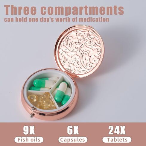 Metal Three Grid Pill Box, Travel Takeaway Pill Box, Mini Metal Pill Box with Patterned Surface (1 Pack Rosegold) in Saudi Arabia