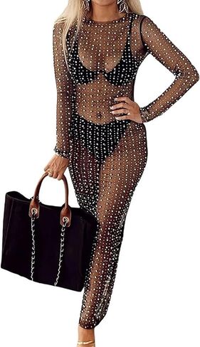 Willow Dance Women's Sheer Mesh Pearl Rhinestone Cover Up Beach Dress Swimwear Bikini Swimsuit Bathing Suit Coverups in Kuwait