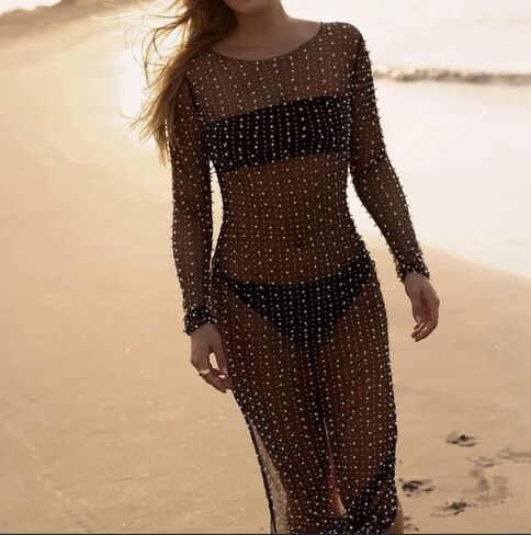 Willow Dance Women's Sheer Mesh Pearl Rhinestone Cover Up Beach Dress Swimwear Bikini Swimsuit Bathing Suit Coverups in Kuwait