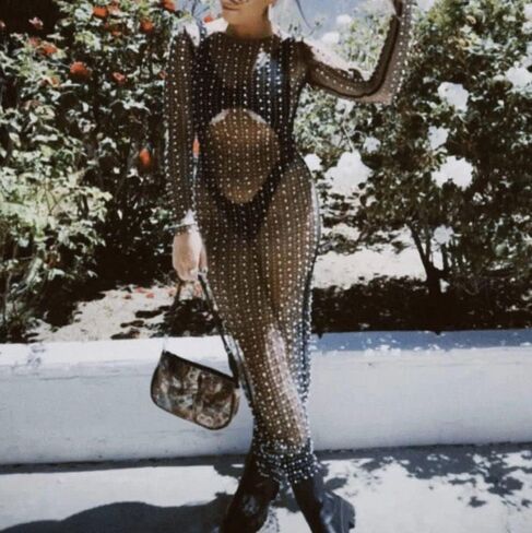 Willow Dance Women's Sheer Mesh Pearl Rhinestone Cover Up Beach Dress Swimwear Bikini Swimsuit Bathing Suit Coverups in Kuwait