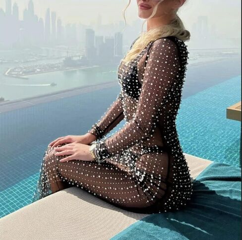 Willow Dance Women's Sheer Mesh Pearl Rhinestone Cover Up Beach Dress Swimwear Bikini Swimsuit Bathing Suit Coverups in Kuwait