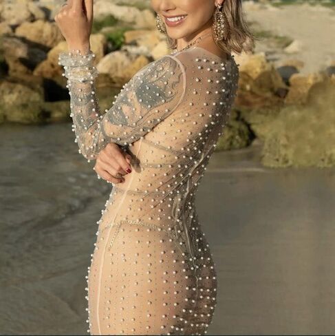 Willow Dance Women's Sheer Mesh Pearl Rhinestone Cover Up Beach Dress Swimwear Bikini Swimsuit Bathing Suit Coverups in Kuwait