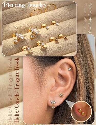 18K Gold Plated Threadless Flat Back Earrings Studs 316L Surgical Steel Push in Nose Studs Rings 20G 18G 16G CZ Tragus Cartilage Helix Conch Lip Labret Medusa Nostril Piercing Jewelry Hypoallergenic in Kuwait