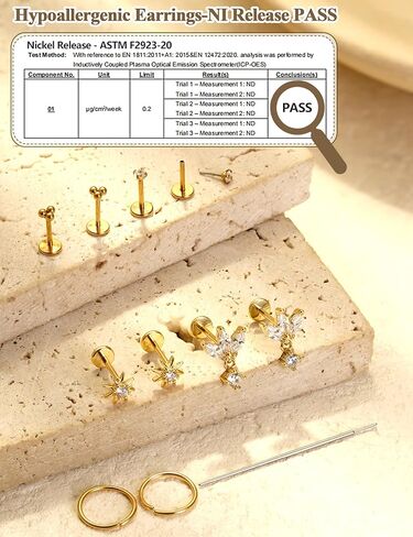 18K Gold Plated Threadless Flat Back Earrings Studs 316L Surgical Steel Push in Nose Studs Rings 20G 18G 16G CZ Tragus Cartilage Helix Conch Lip Labret Medusa Nostril Piercing Jewelry Hypoallergenic in Kuwait