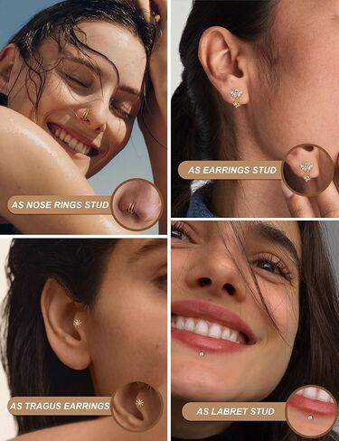 18K Gold Plated Threadless Flat Back Earrings Studs 316L Surgical Steel Push in Nose Studs Rings 20G 18G 16G CZ Tragus Cartilage Helix Conch Lip Labret Medusa Nostril Piercing Jewelry Hypoallergenic in Kuwait