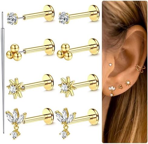 18K Gold Plated Threadless Flat Back Earrings Studs 316L Surgical Steel Push in Nose Studs Rings 20G 18G 16G CZ Tragus Cartilage Helix Conch Lip Labret Medusa Nostril Piercing Jewelry Hypoallergenic in Kuwait