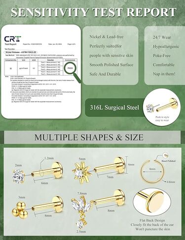 18K Gold Plated Threadless Flat Back Earrings Studs 316L Surgical Steel Push in Nose Studs Rings 20G 18G 16G CZ Tragus Cartilage Helix Conch Lip Labret Medusa Nostril Piercing Jewelry Hypoallergenic in Kuwait