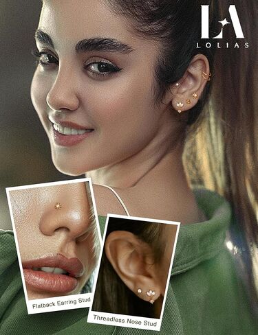 18K Gold Plated Threadless Flat Back Earrings Studs 316L Surgical Steel Push in Nose Studs Rings 20G 18G 16G CZ Tragus Cartilage Helix Conch Lip Labret Medusa Nostril Piercing Jewelry Hypoallergenic in Kuwait