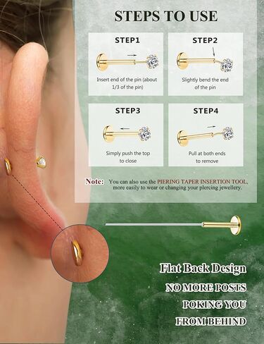 18K Gold Plated Threadless Flat Back Earrings Studs 316L Surgical Steel Push in Nose Studs Rings 20G 18G 16G CZ Tragus Cartilage Helix Conch Lip Labret Medusa Nostril Piercing Jewelry Hypoallergenic in Kuwait