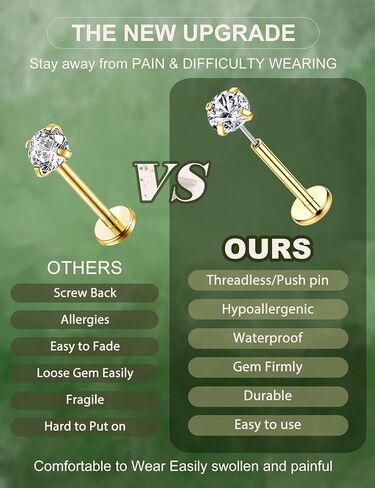 18K Gold Plated Threadless Flat Back Earrings Studs 316L Surgical Steel Push in Nose Studs Rings 20G 18G 16G CZ Tragus Cartilage Helix Conch Lip Labret Medusa Nostril Piercing Jewelry Hypoallergenic in Kuwait