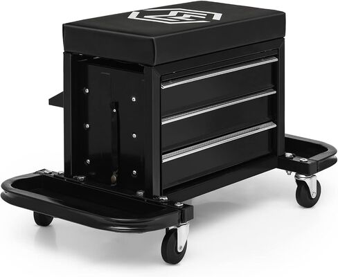 M-AUTO Rolling Mechanic Stool Garage Toolbox Stool Tool Chest Seat w/Wheels, 350LBS Capacity Padded Mechanic Stool Creeper Seat w/Drawers & Side Tool Trays for Home Garage and Workshop, Black in Saudi Arabia