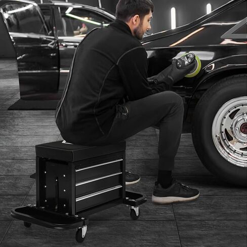 M-AUTO Rolling Mechanic Stool Garage Toolbox Stool Tool Chest Seat w/Wheels, 350LBS Capacity Padded Mechanic Stool Creeper Seat w/Drawers & Side Tool Trays for Home Garage and Workshop, Black in Saudi Arabia