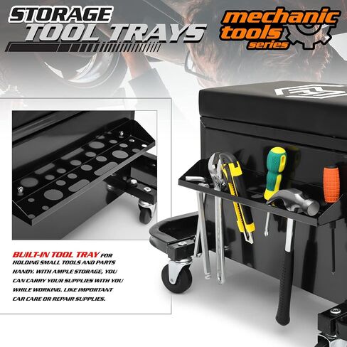 M-AUTO Rolling Mechanic Stool Garage Toolbox Stool Tool Chest Seat w/Wheels, 350LBS Capacity Padded Mechanic Stool Creeper Seat w/Drawers & Side Tool Trays for Home Garage and Workshop, Black in Saudi Arabia