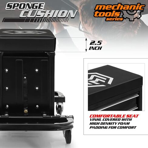 M-AUTO Rolling Mechanic Stool Garage Toolbox Stool Tool Chest Seat w/Wheels, 350LBS Capacity Padded Mechanic Stool Creeper Seat w/Drawers & Side Tool Trays for Home Garage and Workshop, Black in Saudi Arabia