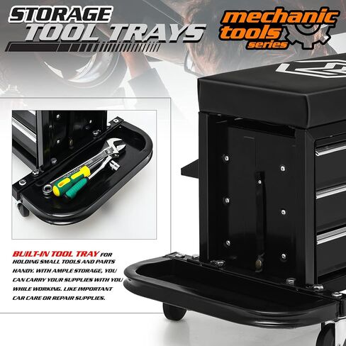 M-AUTO Rolling Mechanic Stool Garage Toolbox Stool Tool Chest Seat w/Wheels, 350LBS Capacity Padded Mechanic Stool Creeper Seat w/Drawers & Side Tool Trays for Home Garage and Workshop, Black in Saudi Arabia