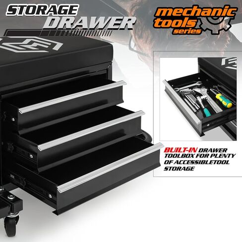 M-AUTO Rolling Mechanic Stool Garage Toolbox Stool Tool Chest Seat w/Wheels, 350LBS Capacity Padded Mechanic Stool Creeper Seat w/Drawers & Side Tool Trays for Home Garage and Workshop, Black in Saudi Arabia