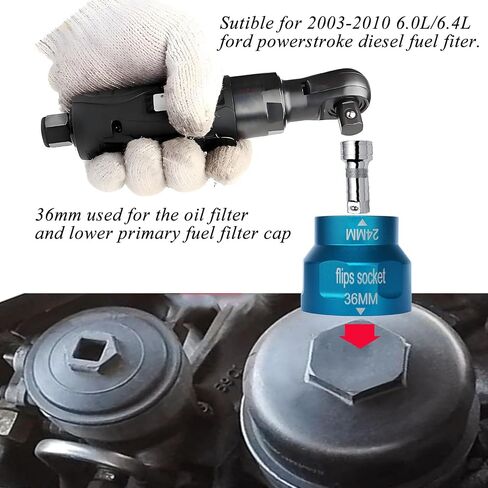 24mm/36mm oil filter socket Wrench Tool, for Ford 6.0L/6.4L Powerstroke diesel oil Filter/Fuel Filter cap installation& Removal- Flips sockets in Kuwait