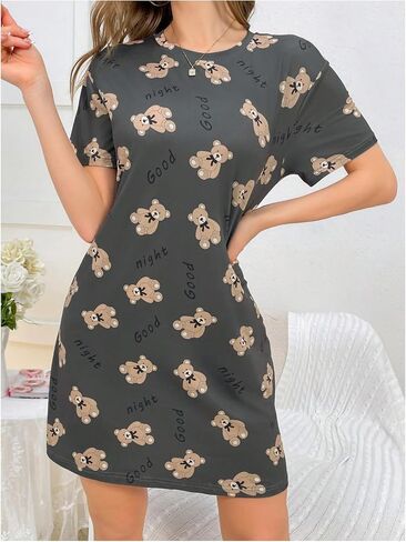 SHENHE Women's Cute Sleepshirt Bear Print Short Sleeve Loose Nightgown Short Sleep Dress in Saudi Arabia