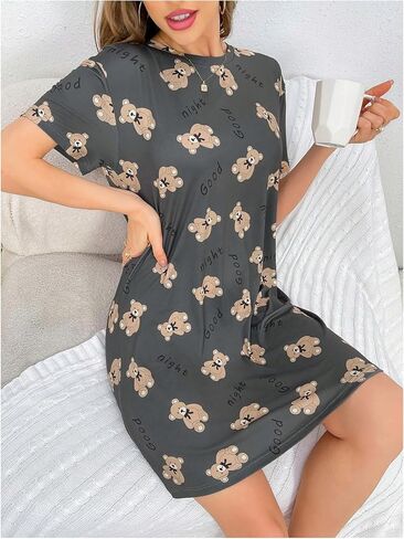 SHENHE Women's Cute Sleepshirt Bear Print Short Sleeve Loose Nightgown Short Sleep Dress in Saudi Arabia