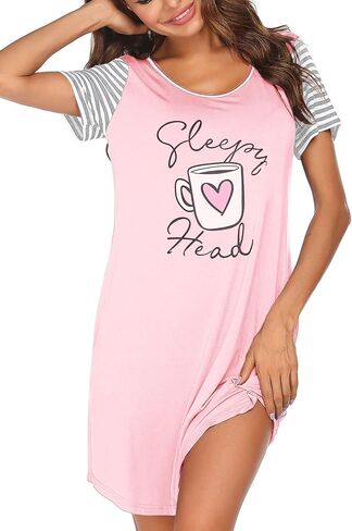 Ekouaer Nightgown For Woman Night Dress Short Sleeve Printed Sleep Shirt With Pocket Sleepwear Soft S-XXXL in Saudi Arabia