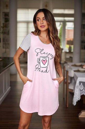 Ekouaer Nightgown For Woman Night Dress Short Sleeve Printed Sleep Shirt With Pocket Sleepwear Soft S-XXXL in Saudi Arabia