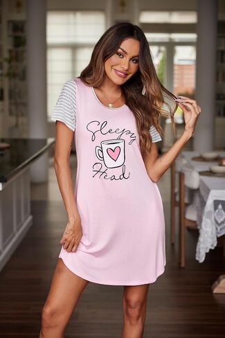 Ekouaer Nightgown For Woman Night Dress Short Sleeve Printed Sleep Shirt With Pocket Sleepwear Soft S-XXXL in Saudi Arabia