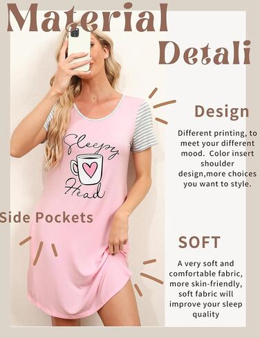 Ekouaer Nightgown For Woman Night Dress Short Sleeve Printed Sleep Shirt With Pocket Sleepwear Soft S-XXXL in Saudi Arabia