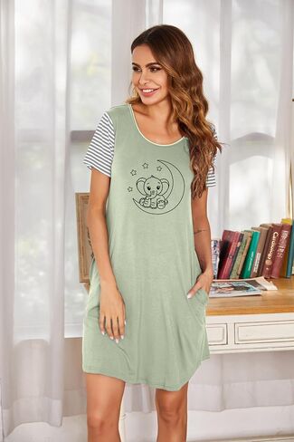 Ekouaer Nightgown For Woman Night Dress Short Sleeve Printed Sleep Shirt With Pocket Sleepwear Soft S-XXXL in Saudi Arabia