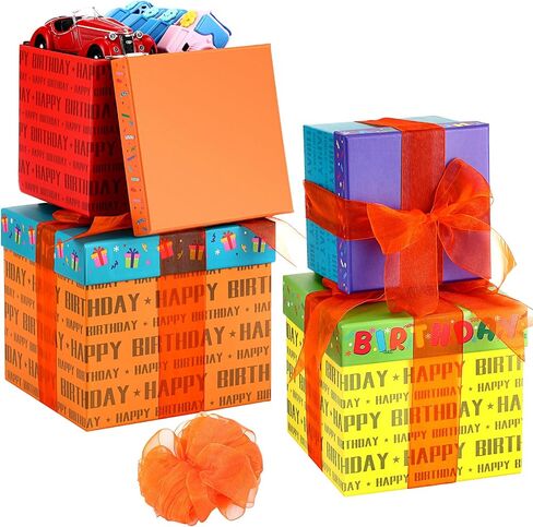4 Pcs Food Gift Basket Tower Gift Box with Lid Ribbon Chocolate Square Nested Box Assorted Sizes for Birthday Weddings Thank You Women Men Family Decoration(Happy Birthday) in Kuwait