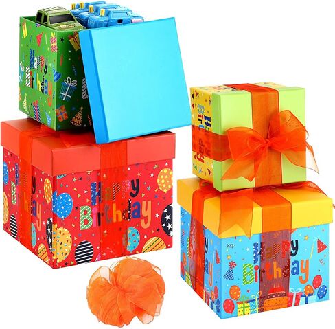 4 Pcs Food Gift Basket Tower Gift Box with Lid Ribbon Chocolate Square Nested Box Assorted Sizes for Birthday Weddings Thank You Women Men Family Decoration(Happy Birthday) in Kuwait